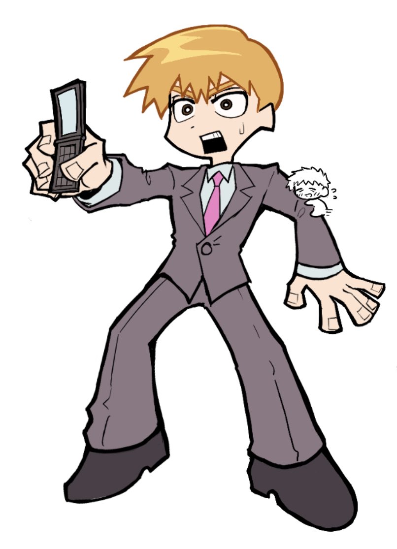 reigen arataka, serizawa katsuya, mob psycho 100, 2boys, black shoes, blonde hair, brown eyes, bwawnded, cellphone, flip phone, formal clothes, grey pants, grey suit, holding, holding phone, multiple boys, open mouth, pants, panty & stocking with garterbelt (style), phone, shoes, suit, surprised, sweatdrop, unusually open eyes, white background