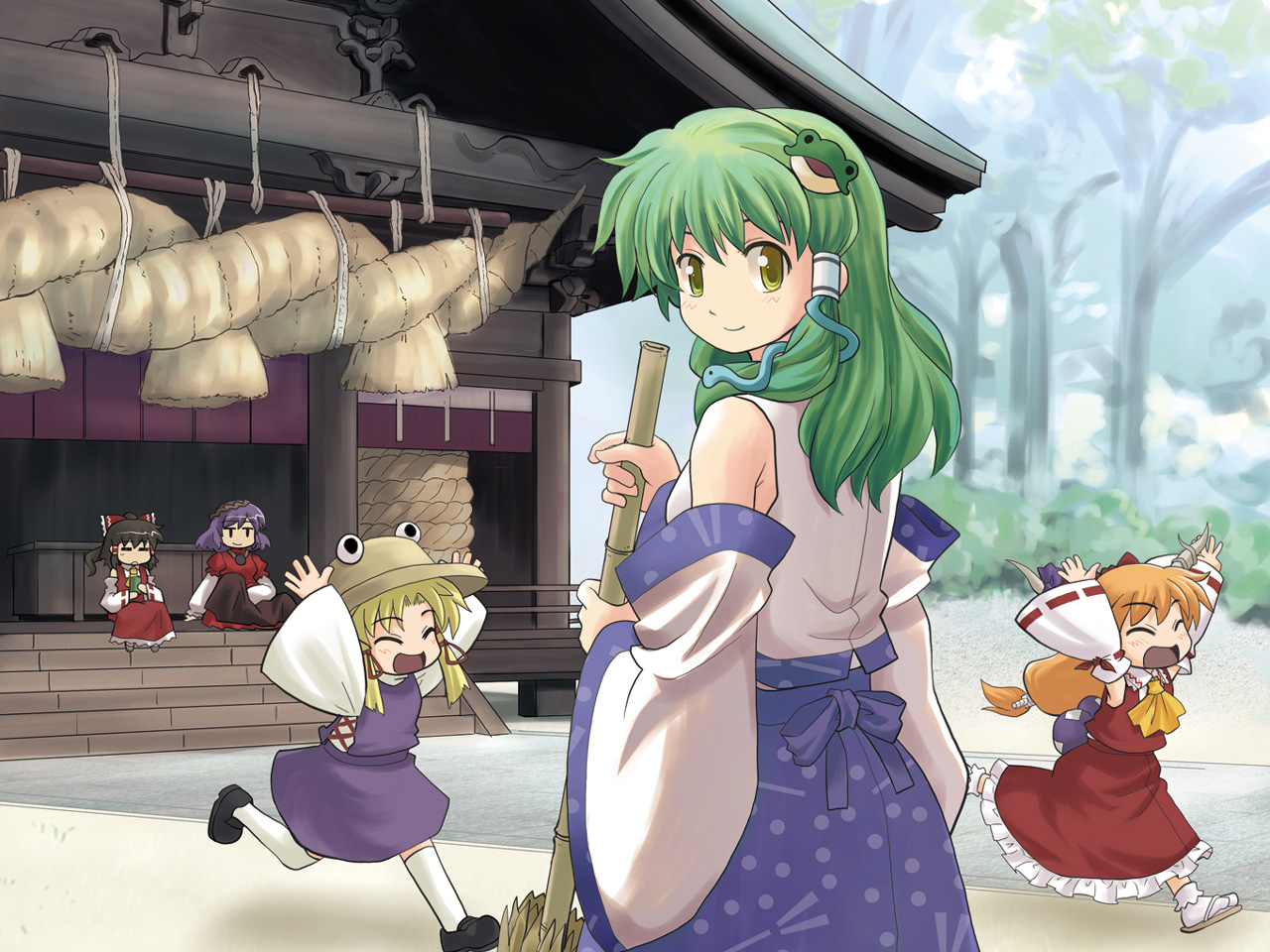 haniwa, haniwa (leaf garden), hakurei reimu, ibuki suika, kochiya sanae, moriya suwako, yasaka kanako, touhou, 5girls, black hair, blonde hair, blue hair, dress, female focus, frog, green hair, hat, horns, japanese clothes, long hair, miko, multiple girls, orange hair, ribbon, snake, yellow eyes