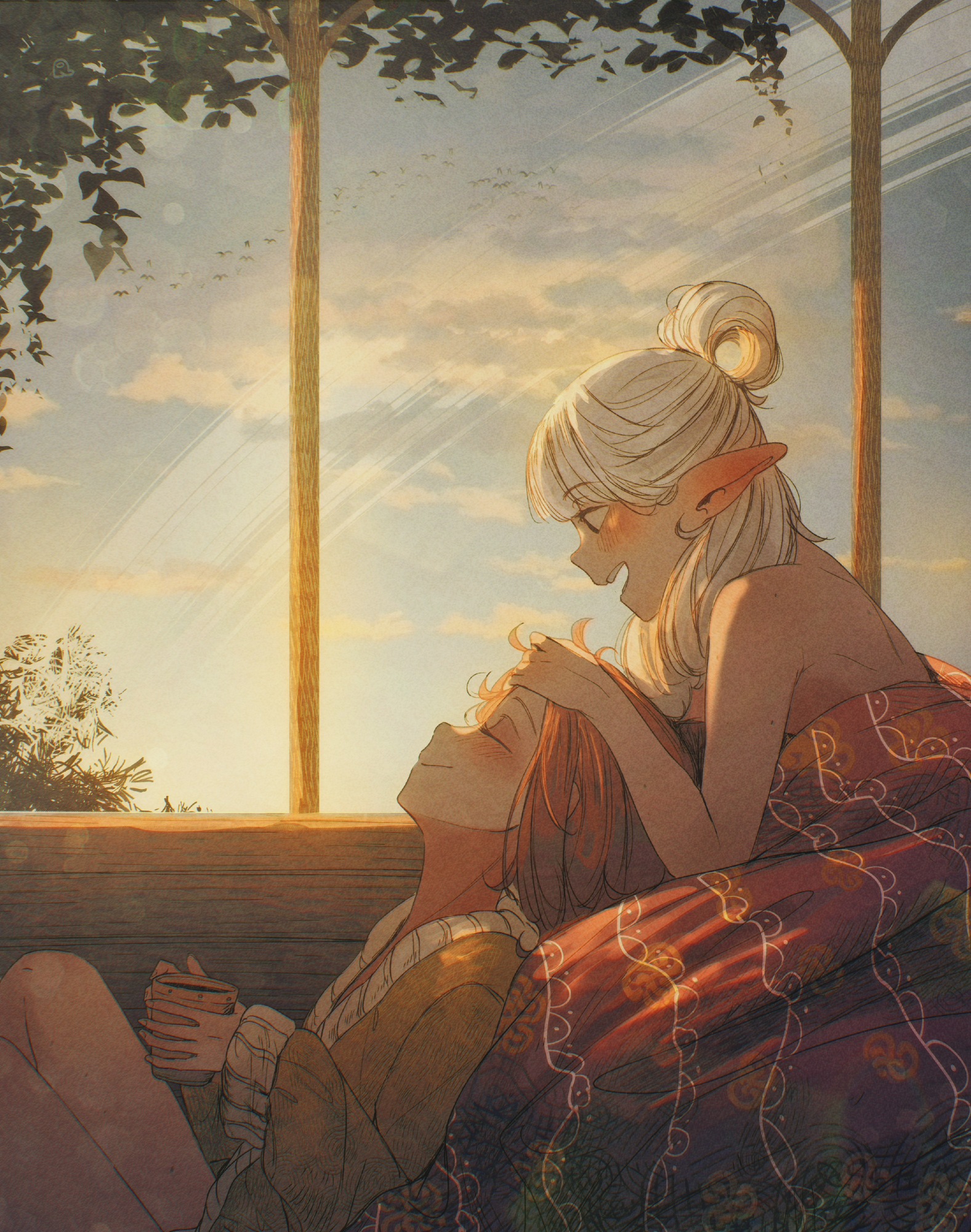 spindle (aidenr0), asimov (spindle (aidenr0)), ottilie (spindle (aidenr0)), original, highres, 2girls, blanket, blush, brown hair, cardigan, closed eyes, cloud, cloudy sky, cup, green cardigan, hair bun, hand on another's forehead, holding, holding cup, indoors, multiple girls, pointy ears, short hair, simple bird, sky, thighs, white hair