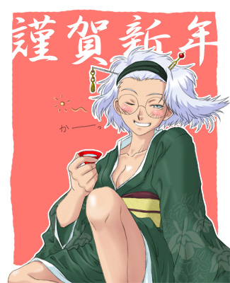 k-ma, lobelia carlini, sakura taisen, sakura taisen iii, lowres, translation request, 00s, 1girl, alcohol, blush, breasts, cleavage, cup, drunk, glasses, grey eyes, hairband, headband, japanese clothes, kimono, medium breasts, new year, one eye closed, sakazuki, sake, short hair, white hair, wink