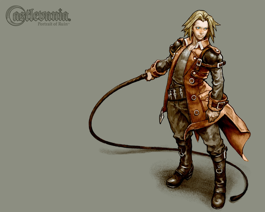 matsukeshi, jonathan morris, castlevania: portrait of ruin, castlevania (series), konami, official art, 1boy, belt, blonde hair, blue eyes, boots, coat, full body, gloves, green eyes, knee boots, kunai, male focus, short hair, solo, spiked hair, standing, strap, trench coat, weapon, whip