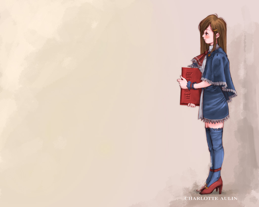 s. higashida, charlotte aulin, castlevania: portrait of ruin, castlevania (series), official art, 1girl, ascot, blue thighhighs, blush, book, brown hair, capelet, female focus, frills, full body, hair ornament, hairclip, high heels, long hair, profile, shoes, skirt, solo, standing, thighhighs