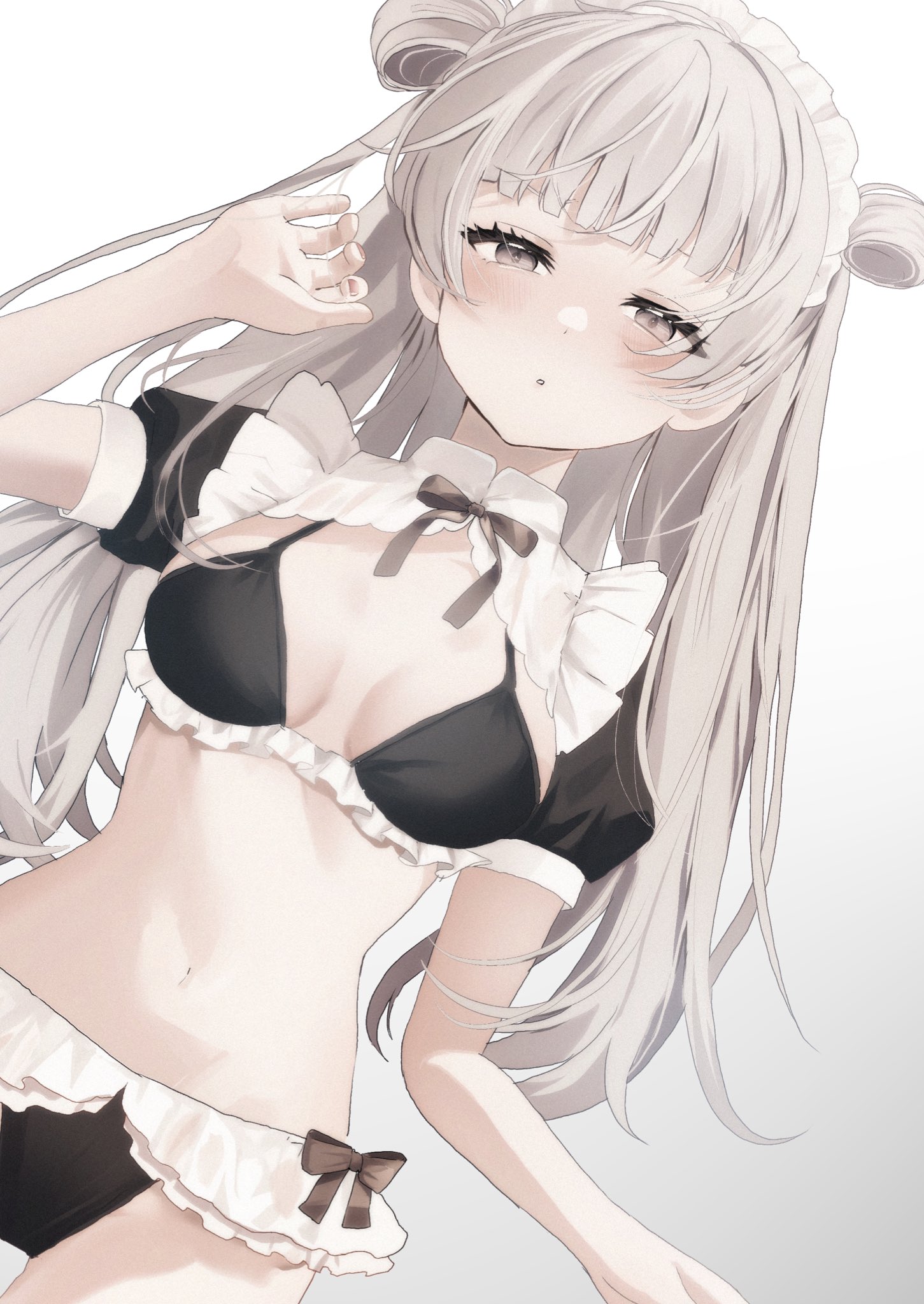 tsuruse, sakura no sekai, commentary, highres, 1girl, alternate costume, bikini, black bikini, blunt ends, blush, bow, breasts, breasts apart, brown bow, brown eyes, brown hair, cowboy shot, dot nose, enmaided, frilled bikini, frills, gradient background, grey background, hair rings, hand up, long hair, looking at viewer, maid, maid bikini, maid headdress, navel, parted lips, pink nails, short sleeves, simple background, small breasts, solo, swimsuit, unconventional maid, utsumi sakura, white background