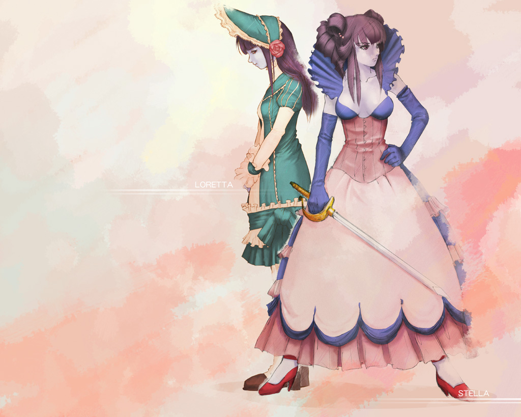 s. higashida, loretta, loretta lecarde, stella lecarde, castlevania: portrait of ruin, castlevania (series), official art, 2girls, blue skin, blunt bangs, bonnet, breasts, cleavage, colored skin, dress, drill hair, elbow gloves, flower, gloves, hair ornament, hand on own hip, hat, heterochromia, high heels, hip focus, lolita fashion, long hair, medium breasts, multiple girls, no bra, profile, purple hair, rapier, red eyes, rose, shoes, siblings, sisters, standing, sword, twin drills, twins, twintails, vampire, weapon