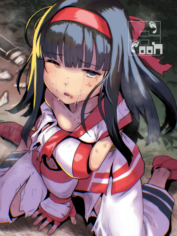 soon (c-u-soon), nakoruru, samurai spirits, snk, the king of fighters, highres, 1girl, ainu clothes, arm support, artist name, black hair, blue eyes, breasts, covering breasts, covering privates, defeat, fingerless gloves, gloves, hair ribbon, half-closed eyes, injury, legs, long hair, looking at viewer, no bra, one eye closed, pants, ribbon, sitting, small breasts, solo, tears, thighs, torn clothes, very long hair, weapon