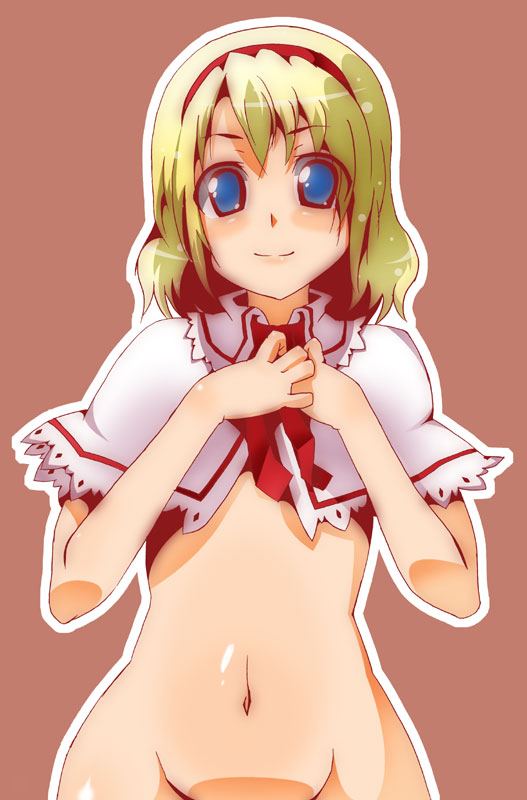 toudori, alice margatroid, touhou, 1girl, blonde hair, blue eyes, bottomless, capelet, female focus, groin, navel, out-of-frame censoring, short hair, smile, solo