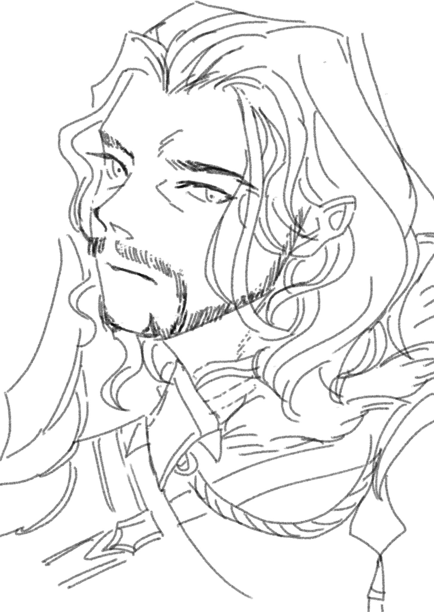 black king (grimms notes), grimms notes, protected link, 1boy, beachsandal720, beard stubble, closed mouth, long hair, looking at viewer, male focus, sketch, solo, stubble, upper body, white background