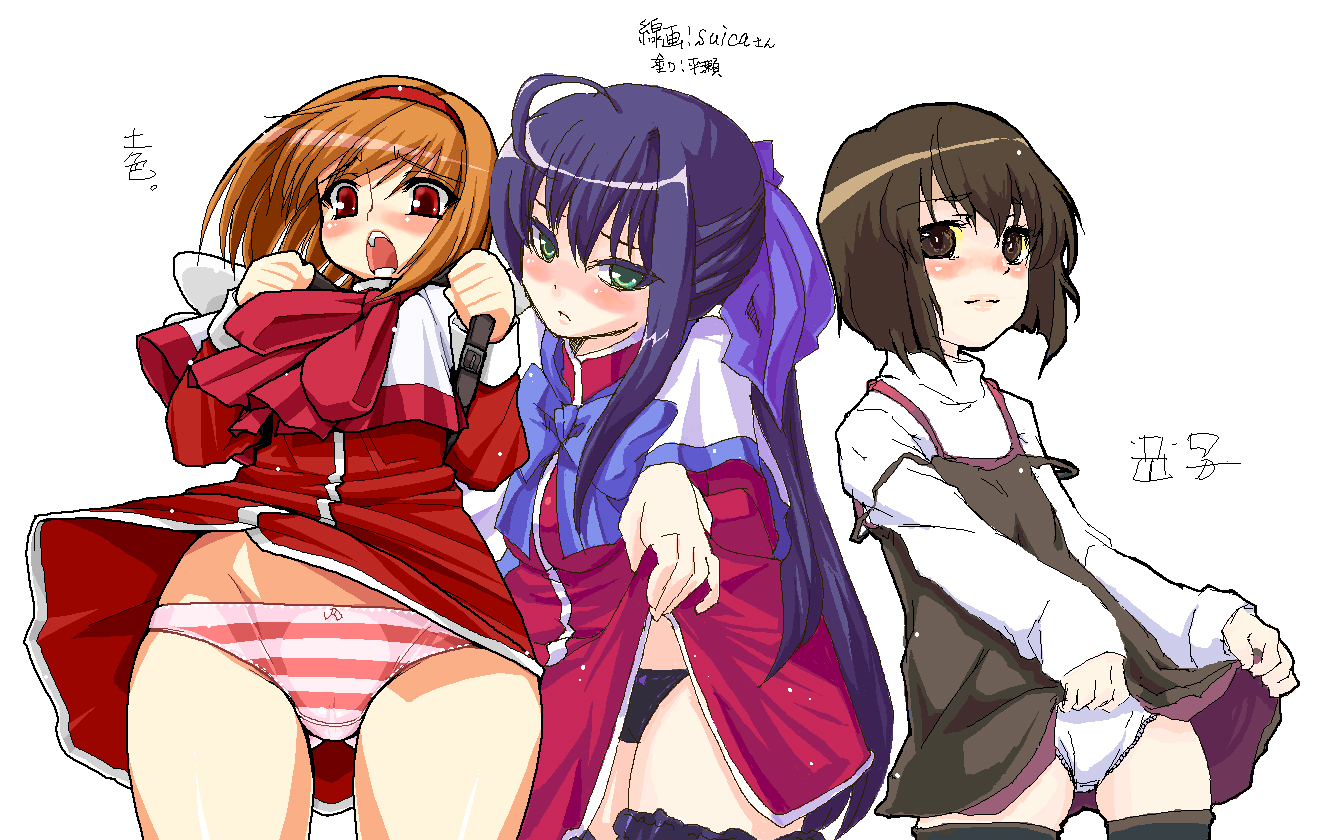 namidame, kanon, translation request, 3girls, black panties, blush, bow, bow panties, brown hair, cameltoe, clothes lift, green eyes, long hair, multiple girls, open mouth, panties, pantyshot, purple hair, red eyes, short hair, skirt, skirt lift, striped clothes, striped panties, thighhighs, underwear, white panties, wind, wind lift