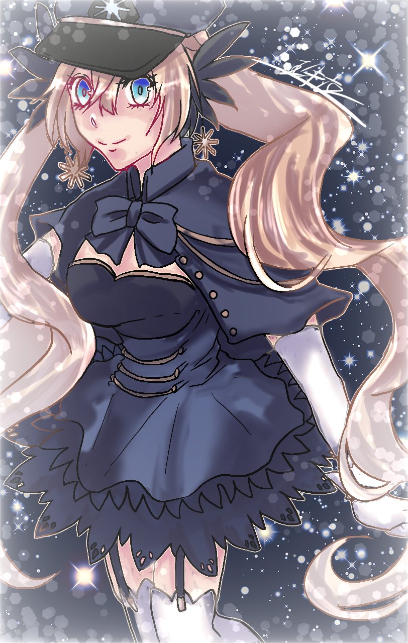 chaos gerda (gakuen) (grimms notes), chaos gerda (grimms notes), grimms notes, grimms notes gakuen, 1girl, blonde hair, blue hat, closed mouth, hat, long hair, smile, solo, thighhighs, twintails, very long hair, waterdrop1925, white thighhighs