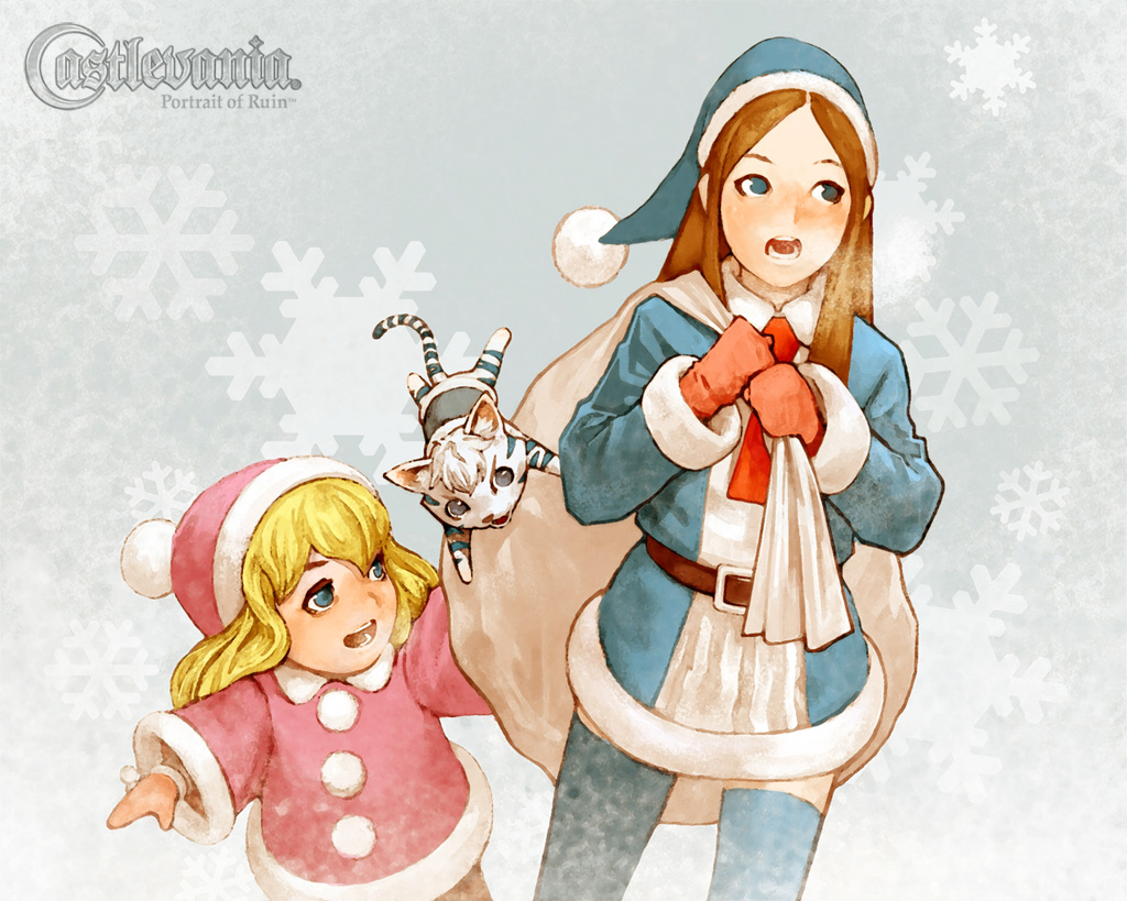 matsukeshi, charlotte aulin, maria renard, castlevania: portrait of ruin, castlevania: rondo of blood, castlevania (series), official art, 2girls, :d, aged down, animal print, belt, blonde hair, blue eyes, blue thighhighs, brown hair, cat, child, christmas, coat, green eyes, hat, long hair, mittens, multiple girls, open mouth, outdoors, sack, santa costume, smile, snow, snowflakes, thighhighs, tiger print, zettai ryouiki