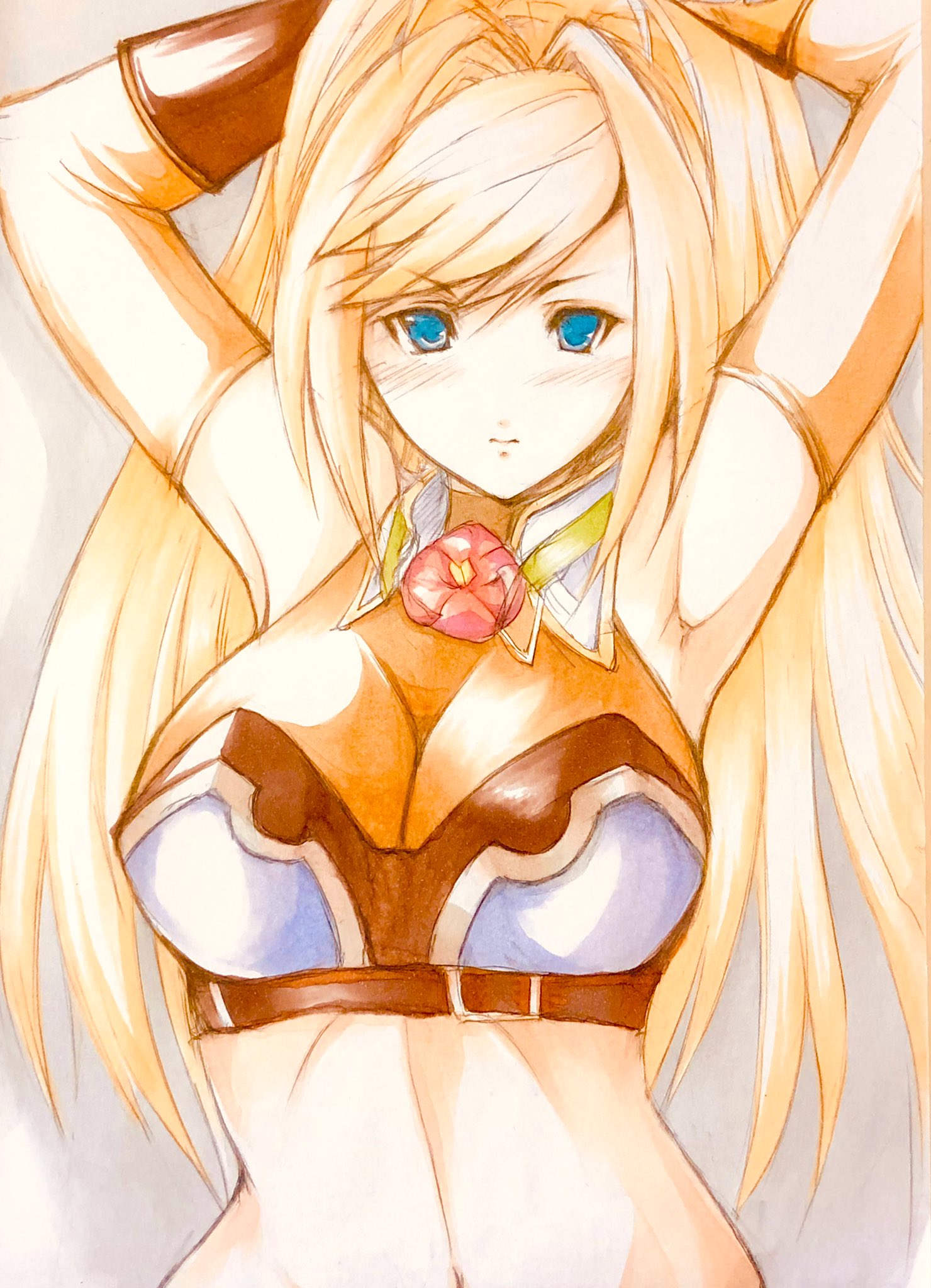 tagatamest, thumbelina (grimms notes), grimms notes, armpits, arms up, blue eyes, breasts, closed mouth, large breasts, long hair, looking at viewer, navel, upper body
