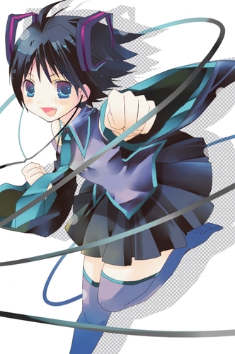 hatsune miku, kikuchi makoto, idolmaster, idolmaster (classic), idolmaster 1, vocaloid, lowres, non-web source, antenna hair, black hair, cosplay, green eyes, hatsune miku (cosplay), punching, short hair, solo, thighhighs