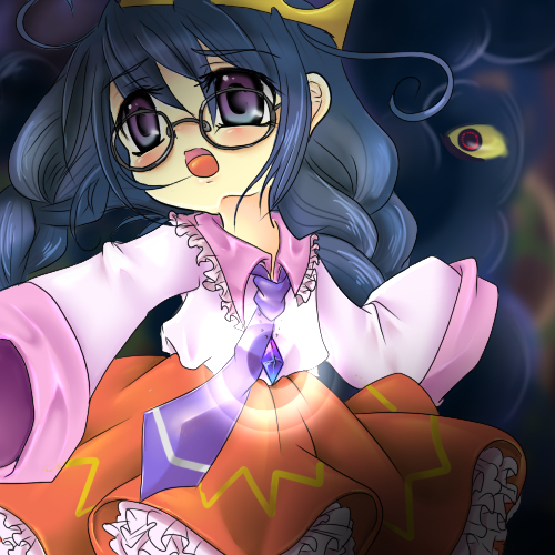 ripple star queen, kirby (series), kirby 64, nintendo, lowres, 1girl, black hair, bow, braid, crown, fairy, fairy wings, glasses, hair bow, jimiko, long hair, looking at viewer, low twin braids, purple eyes, red bow, simple background, skirt, sleeves past fingers, sleeves past wrists, twin braids, unyorin, wings