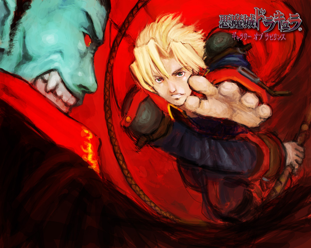 s. higashida, brauner, dracula, dracula (castlevania), jonathan morris, castlevania: portrait of ruin, castlevania (series), konami, official art, 2boys, action, black hair, blonde hair, blue eyes, blue skin, coat, colored skin, evil grin, evil smile, fang, fighting stance, gradient background, green eyes, grin, male focus, multiple boys, outstretched arm, outstretched hand, profile, reaching, red eyes, short hair, sideburns, smile, trench coat, upper body, vampire, whip