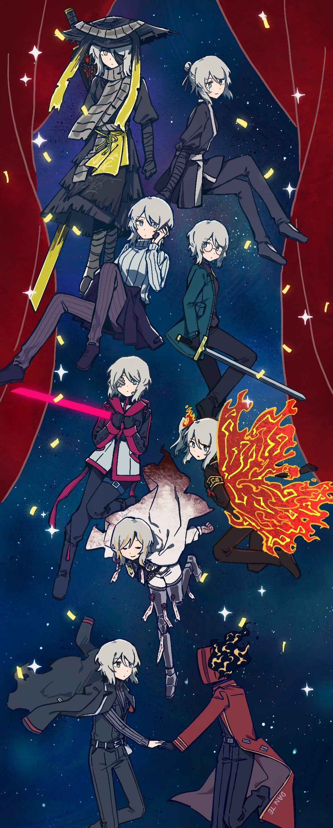 ivy (675671), dante (limbus company), faust (project moon), limbus company, project moon, absurdres, highres, 1other, 6+girls, bandage over one eye, blade lineage (identity) (project moon), blue eyes, cellphone, fiery wings, floating, glasses, grey hair, heishou pack-mao branch (identity) (project moon), holding, holding sword, holding weapon, lce (identity) (project moon), leg up, lobotomy corporation remnant (identity) (project moon), looking at another, looking at viewer, medium hair, multiple girls, multiple persona, n corp. fanatic (identity) (project moon), phone, round eyewear, seven association south uniform, side ponytail, sword, weapon, wings, yellow eyes, zwei association south uniform