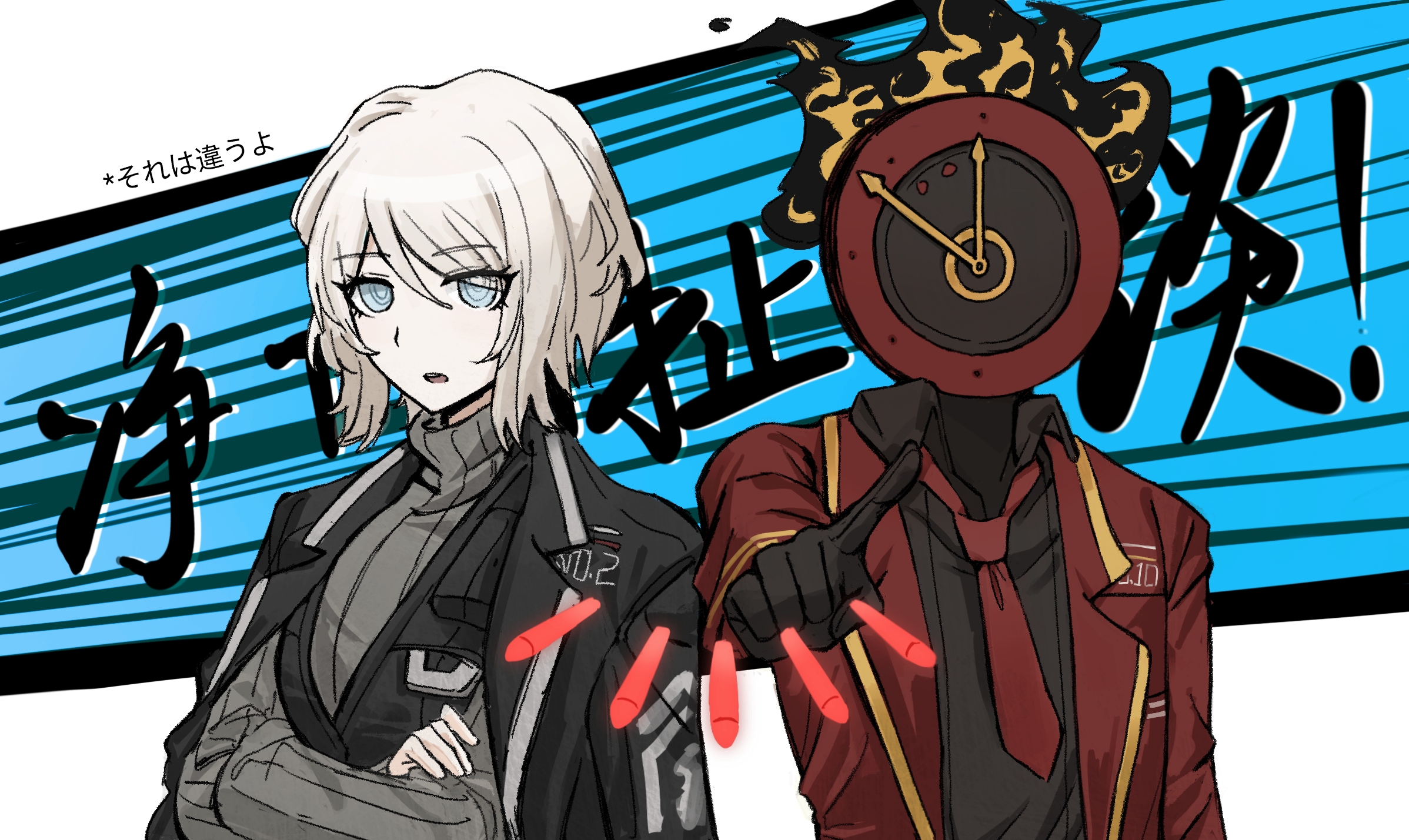 ivy (675671), dante (limbus company), faust (project moon), danganronpa (series), limbus company, project moon, highres, 1girl, 1other, :o, black gloves, black jacket, black shirt, black vest, blue eyes, clock, collared shirt, crossed arms, gloves, grey sweater, jacket, looking at viewer, medium hair, necktie, object head, parody, pointing, pointing at viewer, red jacket, red necktie, shirt, sweater, teeth, turtleneck, turtleneck sweater, upper teeth only, vest