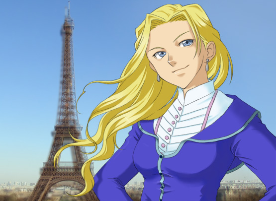 k-ma, glycine bleumer, sakura taisen, sakura taisen iii, 00s, blonde hair, blue eyes, earrings, eiffel tower, france, jewelry, long hair, smile