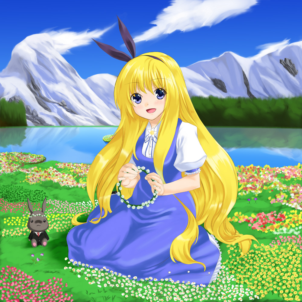 unowen, original, blonde hair, blue eyes, dress, flower, hair ribbon, long hair, mountain, ribbon, solo, very long hair