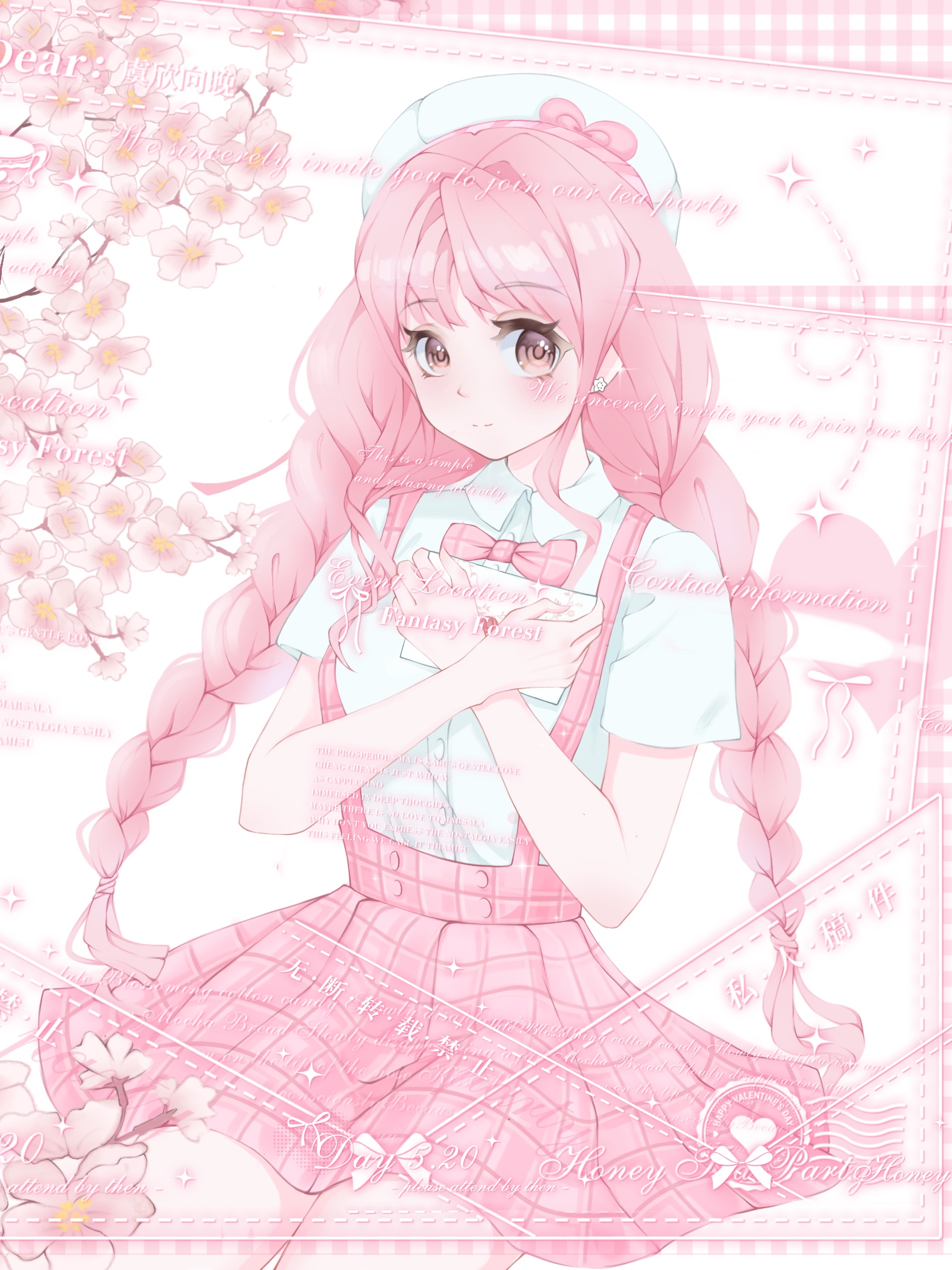 nikki (nikki), nikki (series), shining nikki, artist request, chinese commentary, commentary request, commission, highres, second-party source, 1girl, bare arms, beret, bow, bowtie, braid, branch, breasts, brown eyes, buttons, cherry blossoms, closed mouth, collared shirt, cowboy shot, dot nose, dress shirt, envelope, eyelashes, flower, hair intakes, hands on own chest, happy, hat, hat bow, high-waist skirt, holding, holding envelope, letter, light blush, long hair, love letter, low twin braids, miniskirt, pink bow, pink bowtie, pink flower, pink hair, pink skirt, pink theme, plaid bow, plaid bowtie, plaid clothes, plaid skirt, pleated skirt, sample watermark, shirt, short sleeves, sitting, skirt, smile, solo, sparkle, suspender skirt, suspenders, tareme, too many watermarks, traditional bowtie, twin braids, very long hair, watermark, white background, white hat, white shirt