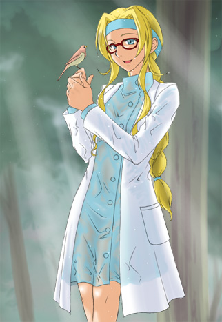 k-ma, diana caprice, sakura taisen, sakura taisen v, lowres, 00s, 1girl, bird, bird on hand, blonde hair, blue eyes, bra, braid, glasses, headband, lab coat, lingerie, long hair, see-through clothes, single braid, underwear, very long hair, wet, wet clothes