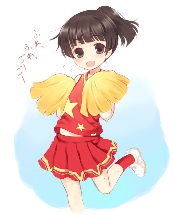 kurasuke, original, 1girl, :d, brown eyes, brown hair, cheerleader, female focus, looking at viewer, open mouth, pom pom (cheerleading), ponytail, simple background, skirt, smile, socks, solo, standing, standing on one leg