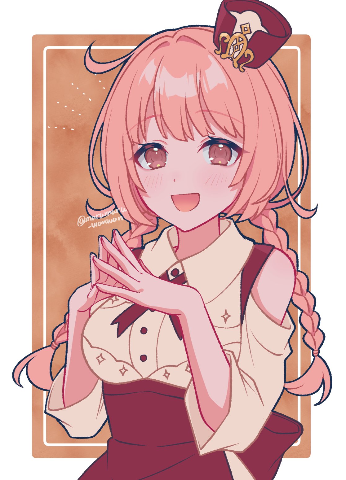 pochimaru (marumaru wanwan), commentary request, highres, 1girl, :d, bare shoulders, braid, brown eyes, collared shirt, hat, kemono teatime, light blush, long hair, looking at viewer, mini hat, open mouth, pink hair, shirt, smile, solo, steepled fingers, tarte (kemono teatime), twin braids, twitter username, upper body