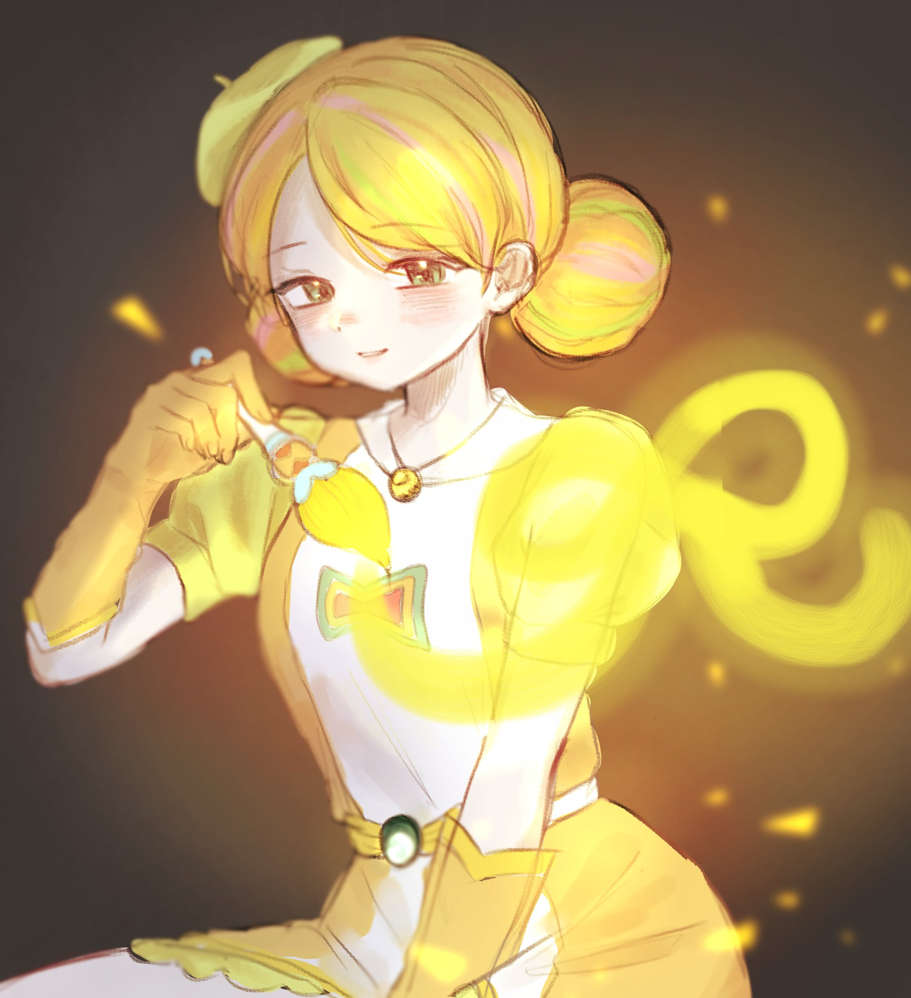 yellow gold (rainbow bubblegem), rainbow bubblegem, artist request, commentary request, highres, korean commentary, second-party source, 1girl, beret, blonde hair, blush, double bun, dress, gloves, green eyes, hair bun, hat, holding, holding paintbrush, looking at viewer, magical girl, multicolored hair, orange dress, orange gloves, paintbrush, parted lips, pink hair, puffy short sleeves, puffy sleeves, short hair, short sleeves, simple background, smile, solo, streaked hair, yellow hat