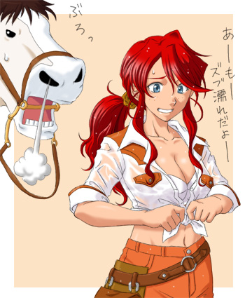 k-ma, gemini sunrise, larry (sakura taisen), sakura taisen, sakura taisen v, sega, lowres, translation request, 00s, 1girl, blue eyes, bra, breasts, cleavage, freckles, horse, large breasts, lingerie, long hair, midriff, ponytail, red hair, see-through clothes, shirt, underwear, undressing, wet, wet clothes, wet shirt, you gonna get raped