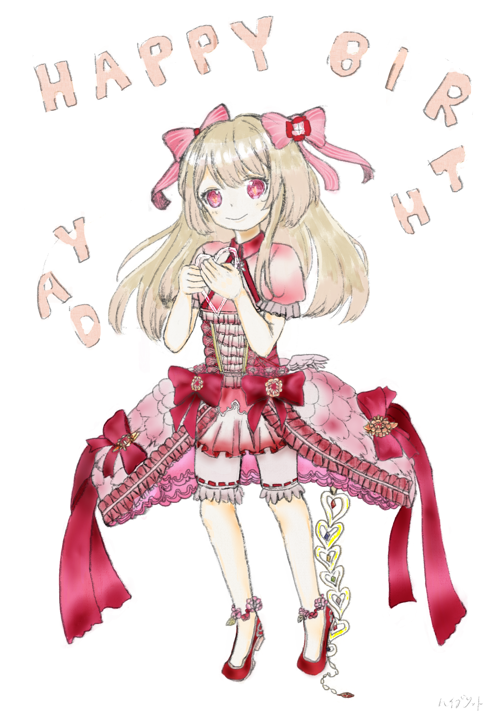 chaos marie (grimms notes), grimms notes, highres, blonde hair, closed mouth, english text, full body, hair ribbon, happy birthday, hybrid2illust, long hair, looking at viewer, pink ribbon, ribbon, simple background, smile, white background
