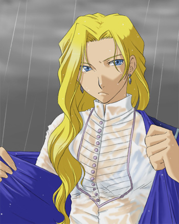 k-ma, glycine bleumer, sakura taisen, sakura taisen iii, sega, lowres, 00s, blonde hair, blue eyes, bra, earrings, jewelry, lingerie, long hair, rain, see-through clothes, shirt, underwear, undressing, wet, wet clothes, wet shirt