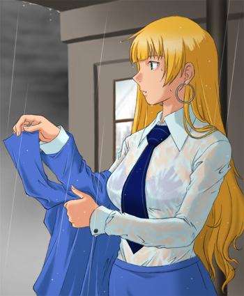 k-ma, ratchet altair, sakura taisen, sakura taisen v, lowres, 00s, 1girl, blonde hair, blue eyes, bra, earrings, formal clothes, jewelry, lingerie, long hair, necktie, rain, see-through clothes, shirt, skirt, skirt suit, suit, underwear, undressing, very long hair, wet, wet clothes, wet shirt