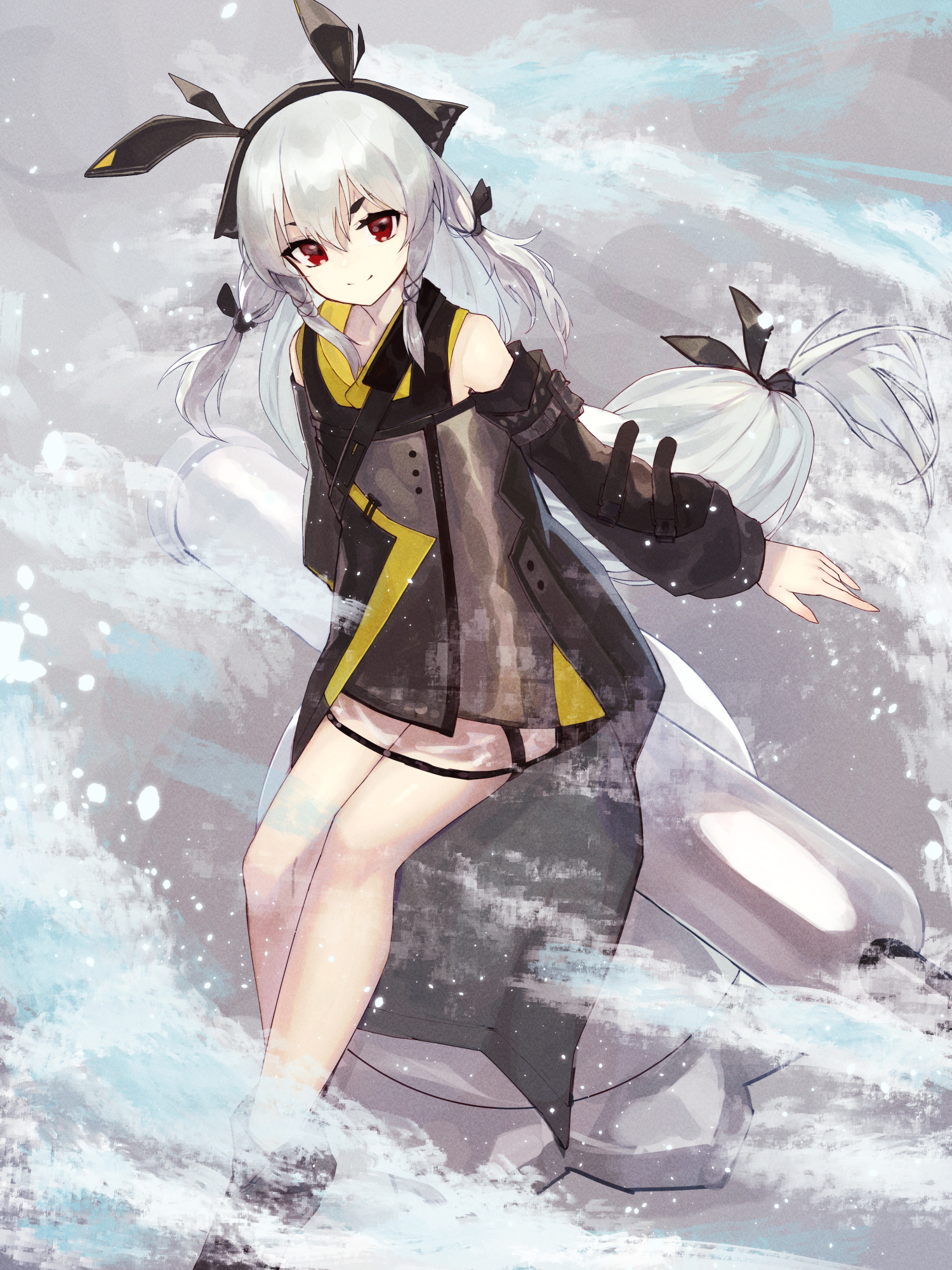 aito, weedy (arknights), arknights, commentary request, highres, 1girl, bare shoulders, closed mouth, detached sleeves, dress, full body, grey hair, hair ornament, long hair, looking at viewer, low-tied long hair, red eyes, sitting, smile, solo, very long hair, water cannon, x hair ornament