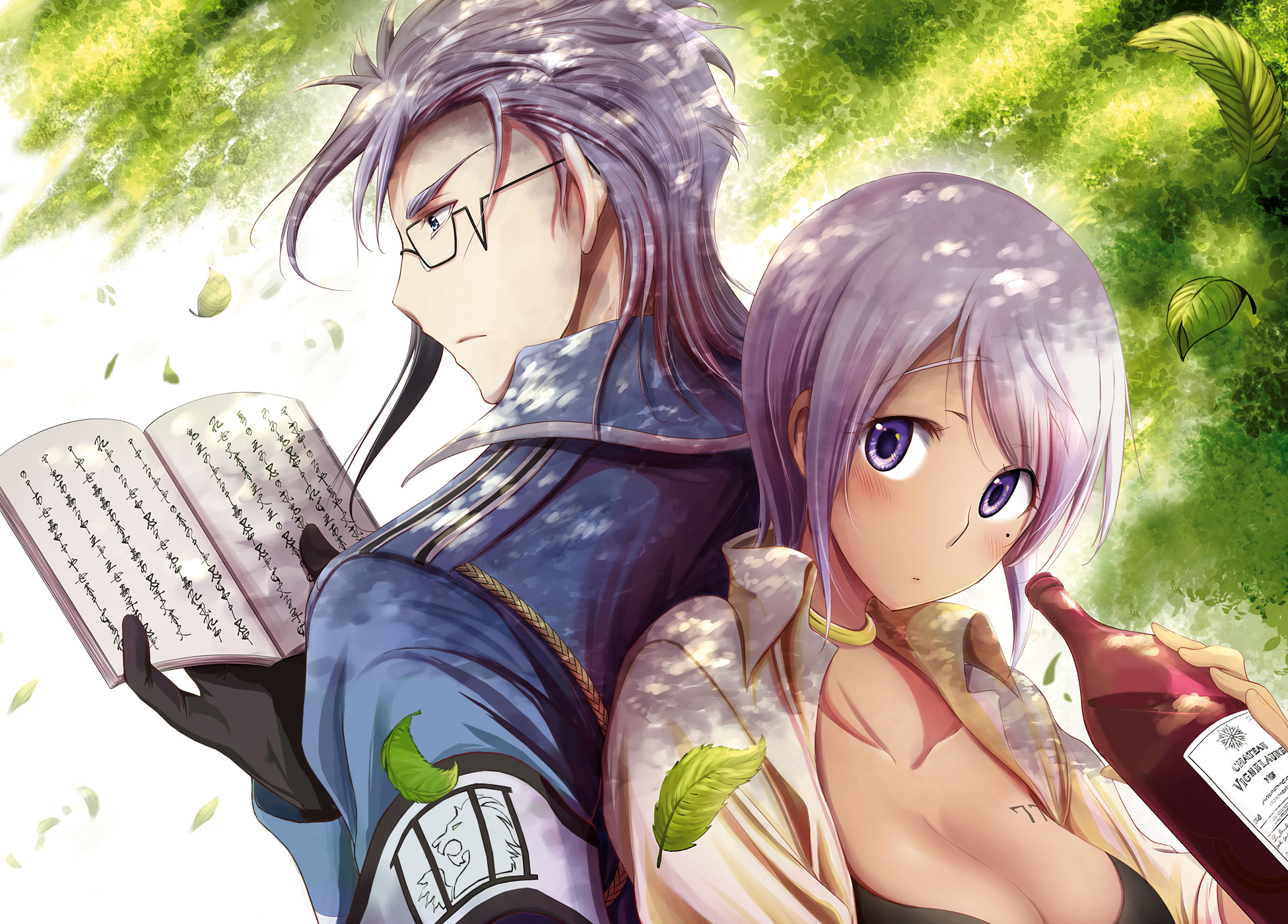 minazuki suu, jail murdoch, nana bassler, plunderer, highres, official art, 1boy, 1girl, armband, back-to-back, black gloves, black tank top, blue eyes, blue jacket, blush, bob cut, book, bottle, breasts, collarbone, collared jacket, collared shirt, glasses, gloves, holding, holding book, holding bottle, huge breasts, jacket, large breasts, leaf, long sleeves, looking back, medium hair, mole, mole under eye, open book, outdoors, profile, purple eyes, purple hair, reading, rectangular eyewear, shirt, short hair, sidelocks, tank top, tareme, tsurime, upper body, white armband, white shirt, wine bottle