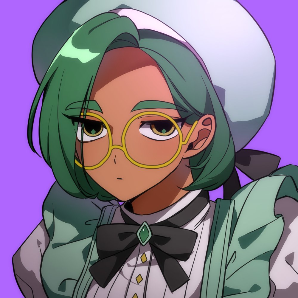 green leaf (rainbow bubblegem), rainbow bubblegem, commentary, symbol-only commentary, 1girl, black bow, bow, brown eyes, closed mouth, diamond in eye, dress, emptyname0501, frilled dress, frills, glasses, green hair, half-closed eyes, hat, looking at viewer, purple background, round eyewear, short hair, simple background, solo, upper body, white hat, yellow-framed eyewear