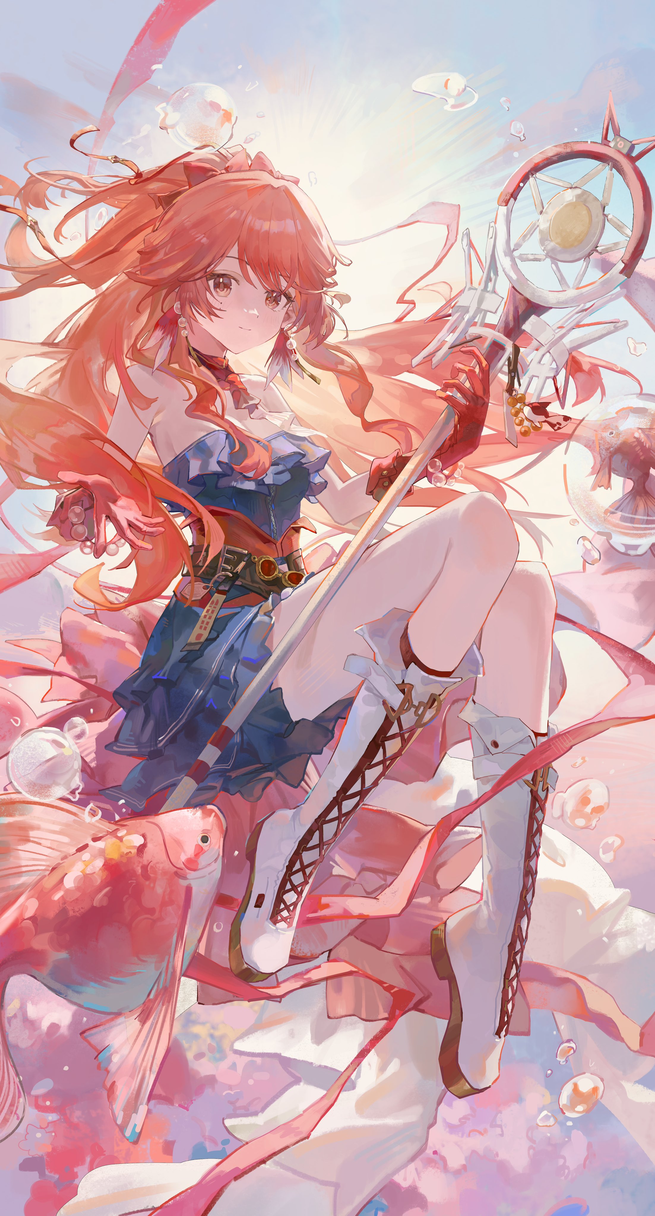 shin oooooo, haruka (arknights), arknights, absurdres, highres, 1girl, air bubble, bare shoulders, bead bracelet, beads, blue dress, boots, bracelet, breasts, bubble, cleavage, cloud, dress, earrings, fish, floating, full body, gloves, jewelry, light blush, light smile, long hair, off-shoulder dress, off shoulder, red eyes, red gloves, red hair, sky, sleeveless, sleeveless dress, solo, sunlight, swept bangs, underwater, waistband, white boots