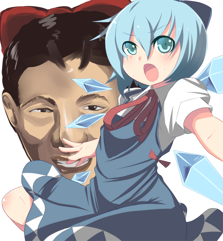 johnny funamushi, cirno, touhou, 1boy, 1girl, aqua eyes, blue hair, bow, dress, hair bow, looking at viewer, neck ribbon, open mouth, ribbon, shirt, short hair, short sleeves, wings