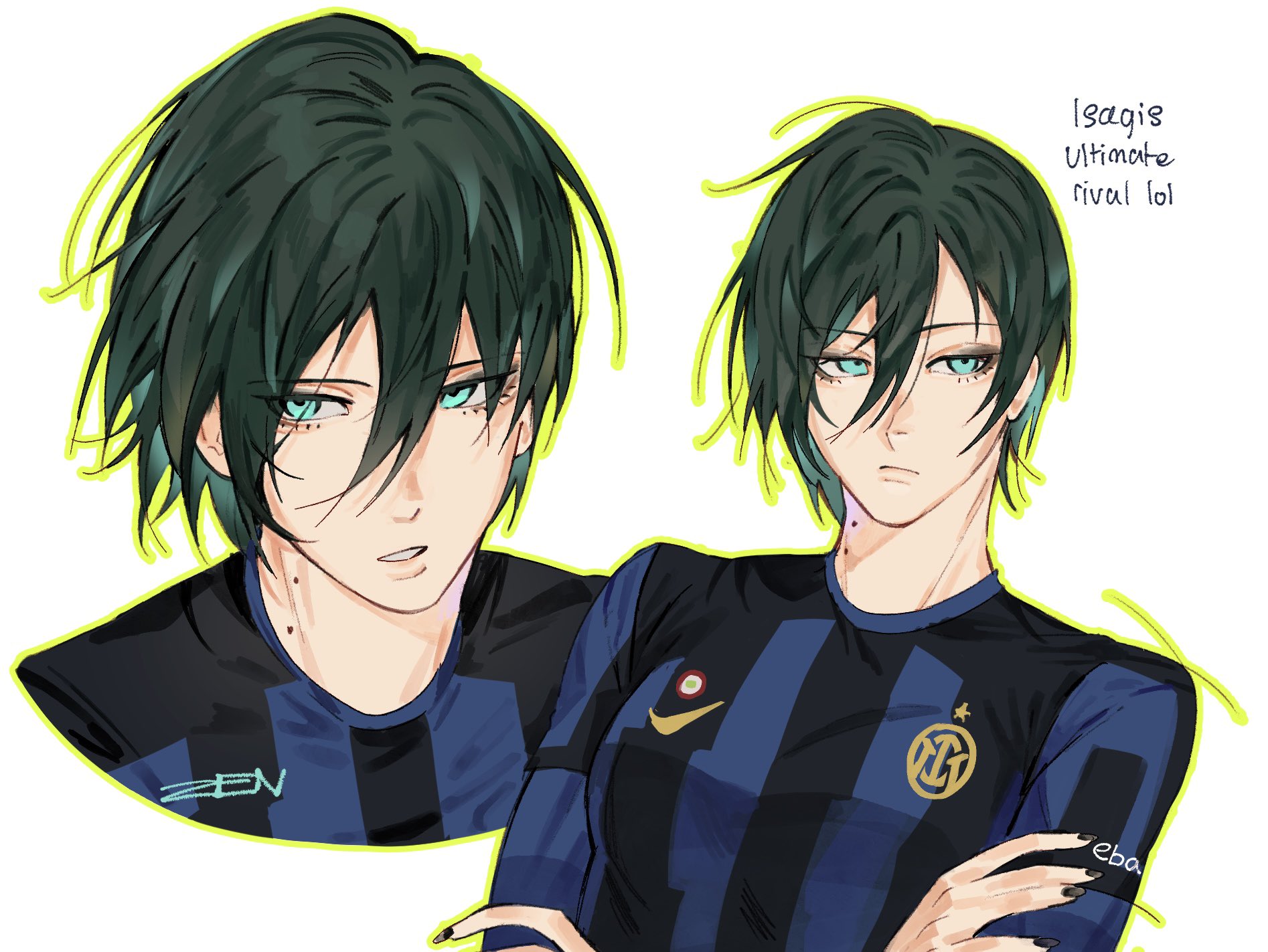 itoshi rin, blue lock, fc internazionale milano, highres, 1boy, black nails, closed mouth, cropped shoulders, english text, eyelashes, girly boy, green eyes, green hair, green outline, looking to the side, male focus, nessburger, outline, short hair, simple background, soccer uniform, sportswear, upper body, white background