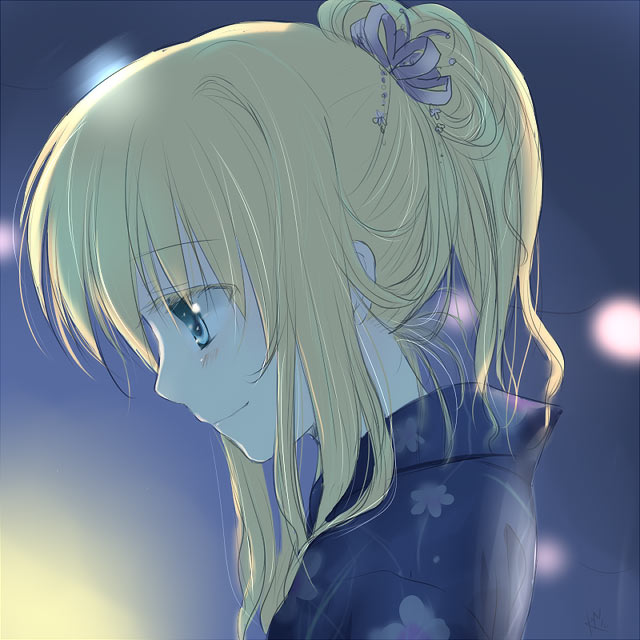 kayune niu, kamio misuzu, air (visual novel), 00s, 1girl, alternate costume, blonde hair, blush, female focus, floral print, hair ribbon, japanese clothes, kimono, ponytail, profile, ribbon, short hair, smile, solo, upper body