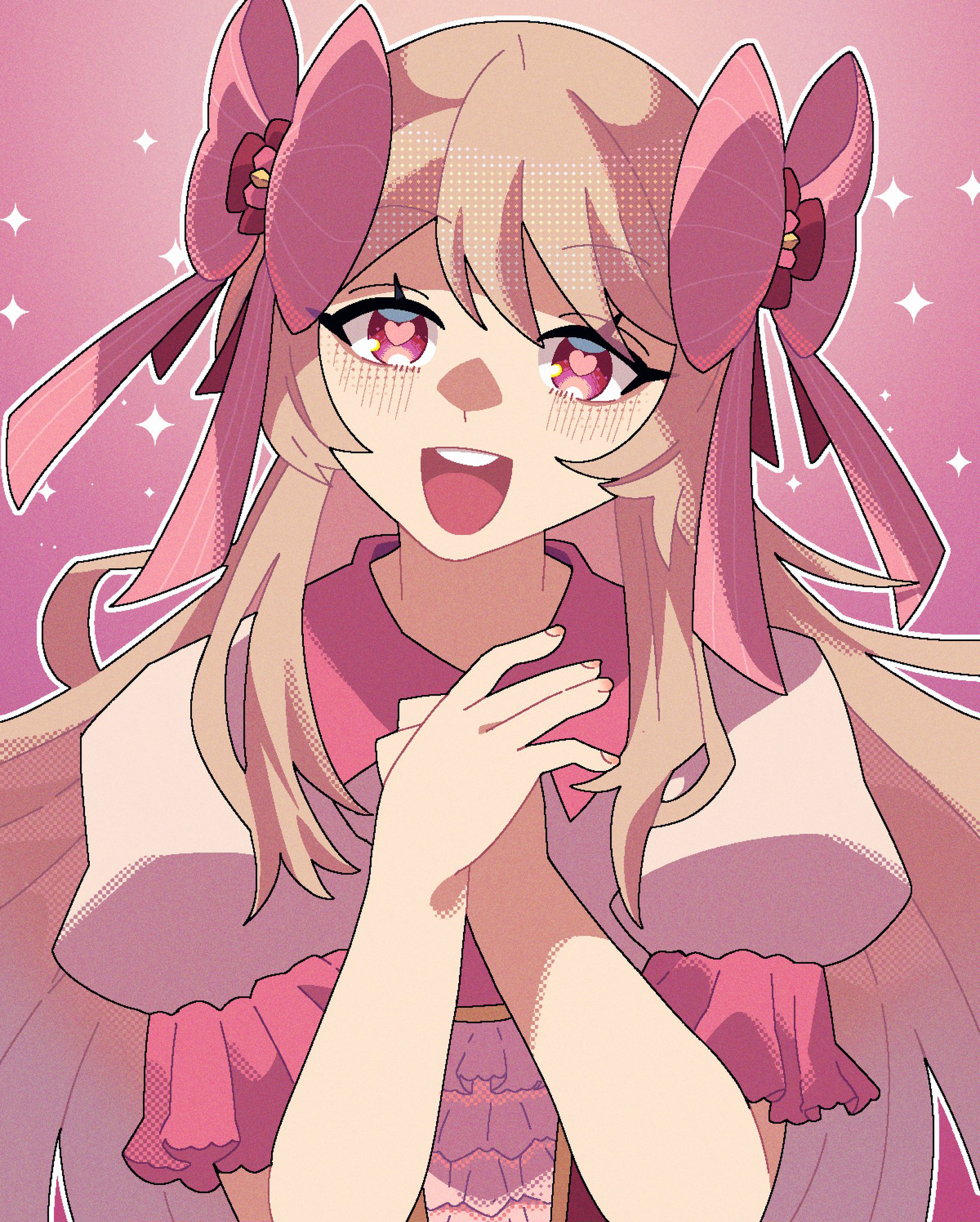 chaos marie (grimms notes), grimms notes, bad id, bad twitter id, highres, 1girl, blonde hair, fumafuma735, hair ribbon, hands up, heart, heart-shaped pupils, looking at viewer, open mouth, pink eyes, pink ribbon, puffy short sleeves, puffy sleeves, ribbon, short sleeves, smile, solo, symbol-shaped pupils, teeth, upper teeth only