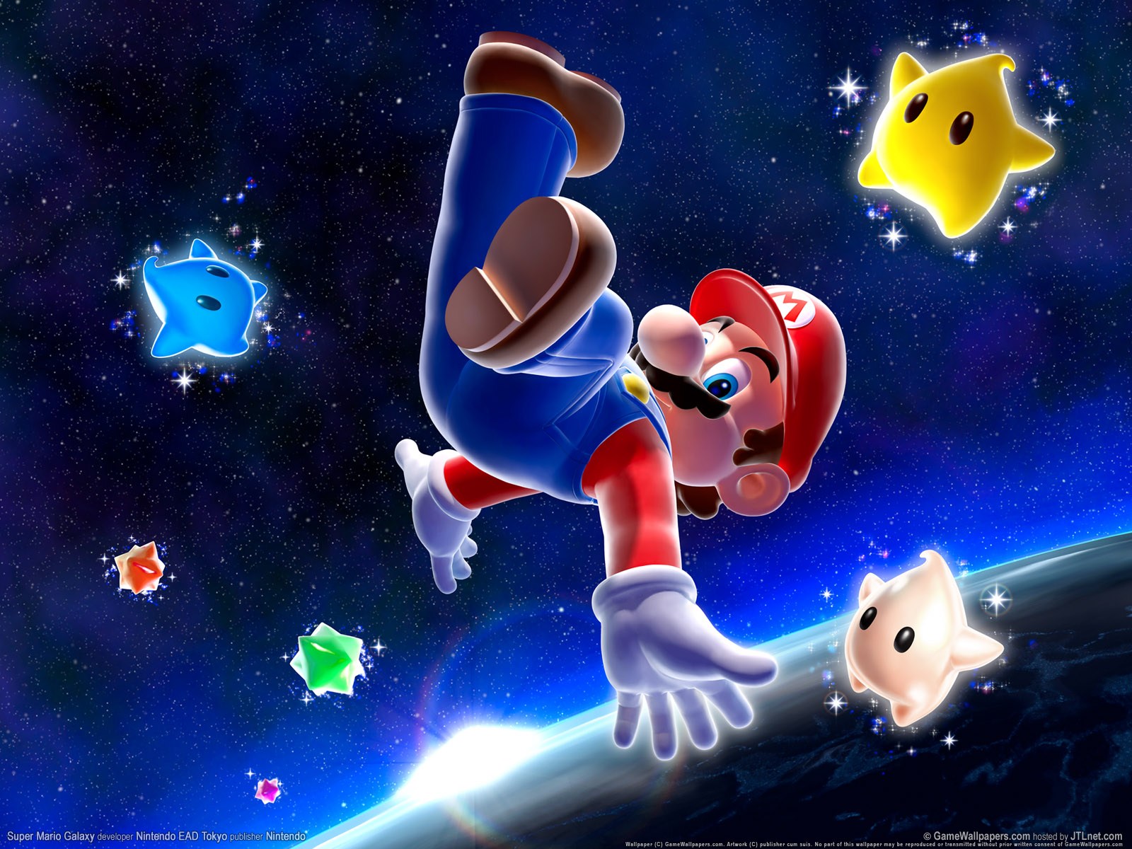 luma (mario), mario, mario (series), nintendo, super mario bros. 1, super mario galaxy, highres, official art, official wallpaper, lens flare, planet, space, star (symbol), universe