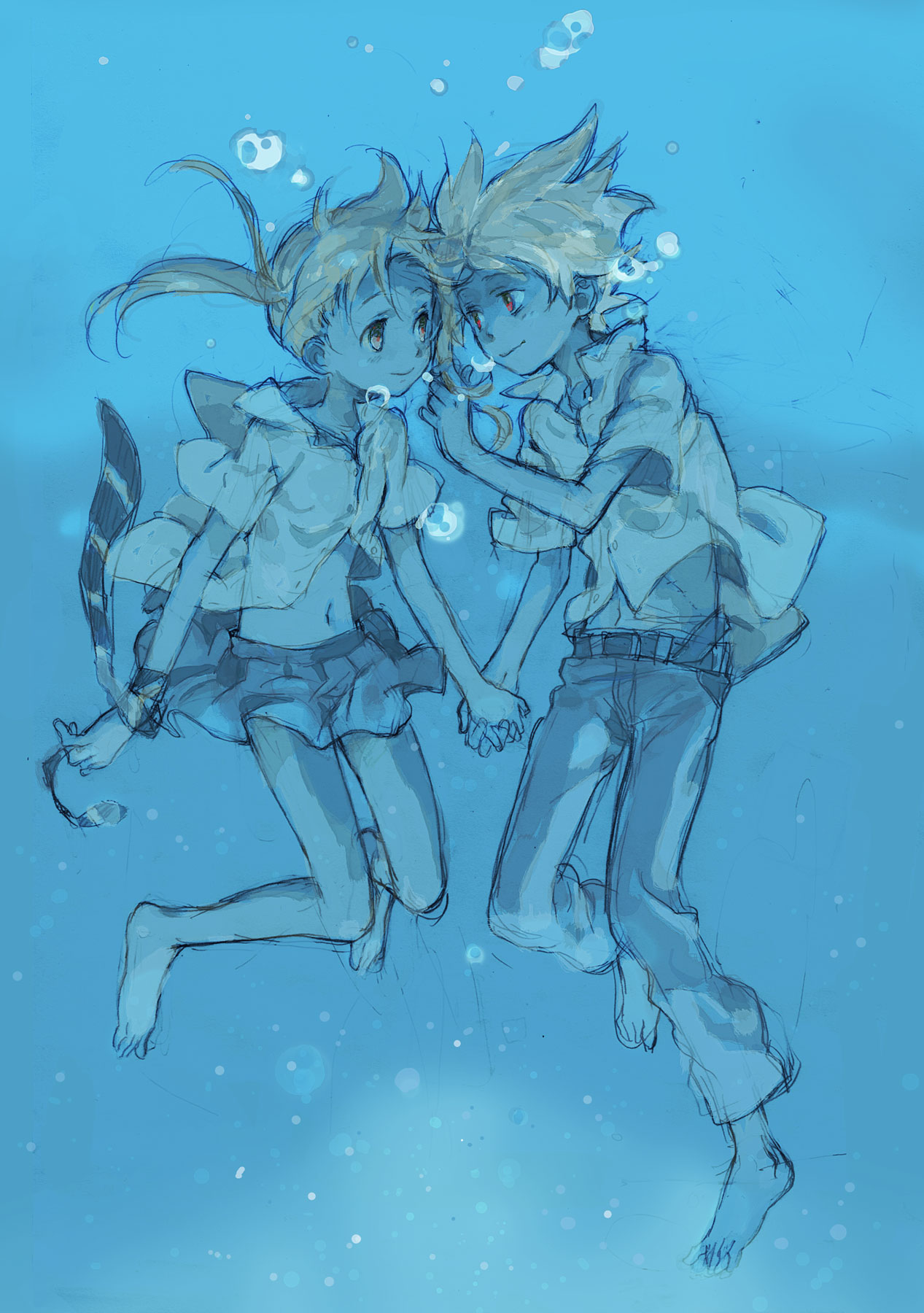 kiikanna, maka albarn, soul evans, soul eater, highres, scan, 00s, asphyxiation, barefoot, drowning, feet, midriff, navel, sketch, underwater, water, wet, wet clothes