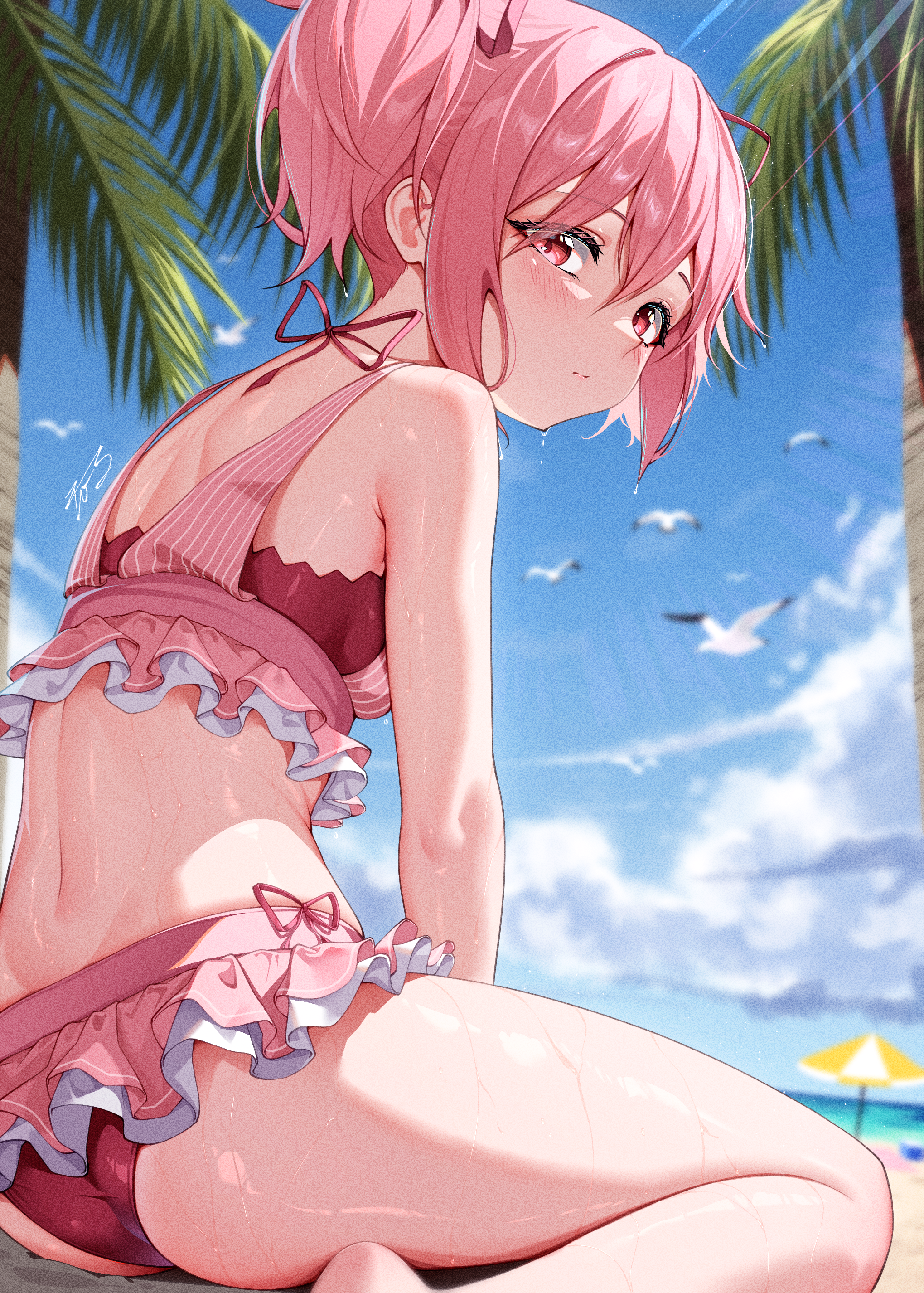 2 ru, kaname madoka, mahou shoujo madoka magica, mahou shoujo madoka magica (anime), absurdres, highres, 1girl, ass, beach, bikini, bird, blue sky, breasts, day, frilled bikini, frills, from behind, looking at viewer, looking back, medium breasts, multicolored bikini, outdoors, palm tree, pink bikini, pink eyes, pink hair, red bikini, sand, seagull, shiny skin, short hair, short twintails, shoulder blades, sky, solo, sweat, swimsuit, tree, twintails, wet