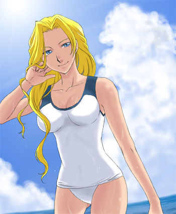 k-ma, glycine bleumer, sakura taisen, sakura taisen iii, lowres, 00s, 1girl, blonde hair, blue eyes, long hair, ocean, one-piece swimsuit, swimsuit