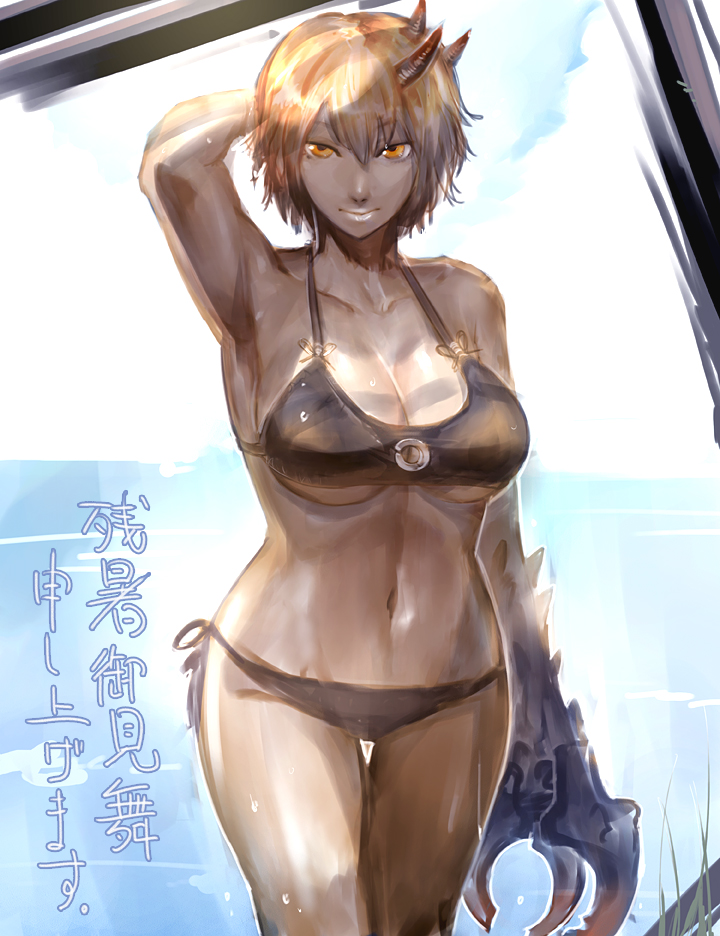 ishibashi yosuke, original, 1girl, armpits, bikini, black bikini, blonde hair, breasts, demon girl, female focus, horns, large breasts, monster girl, orange eyes, short hair, side-tie bikini bottom, smile, solo, swimsuit, underboob