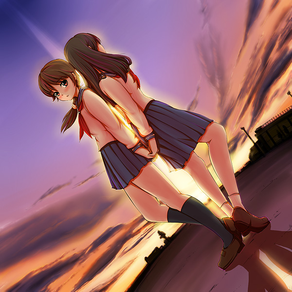 maruwa tarou, kojima youko, tachibana ayumi, famicom tantei club, white legwear, 2girls, back-to-back, black socks, blush, brown hair, holding hands, kneehighs, long hair, multiple girls, neckerchief, ponytail, red neckerchief, school uniform, serafuku, socks, sunset