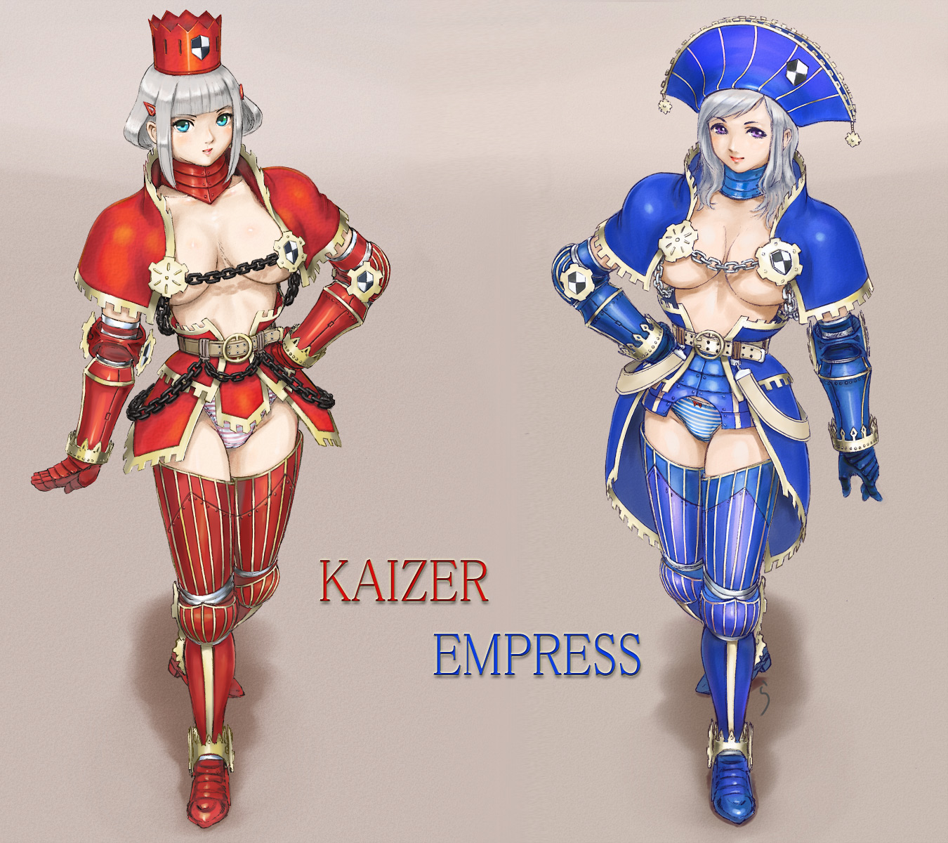 rasukaru, teostra (armor), capcom, monster hunter (series), silver hair, highres, 2girls, armor, blue eyes, bow, bow panties, breasts, large breasts, lunastra (armor), multiple girls, panties, purple eyes, striped clothes, striped panties, thighhighs, underboob, underwear