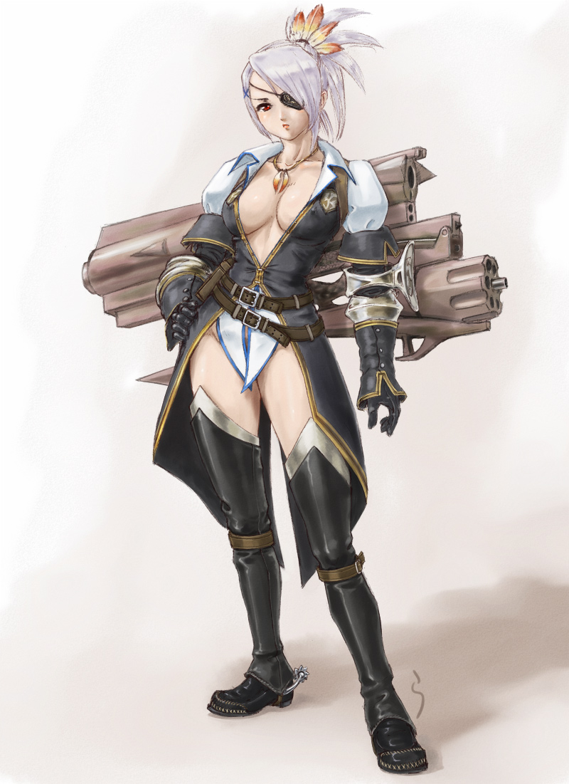 rasukaru, capcom, monster hunter (series), silver hair, 1girl, albino, breasts, cleavage, eyepatch, female focus, gun, gunlance, large breasts, open clothes, open shirt, red eyes, shirt, solo, thighhighs, weapon