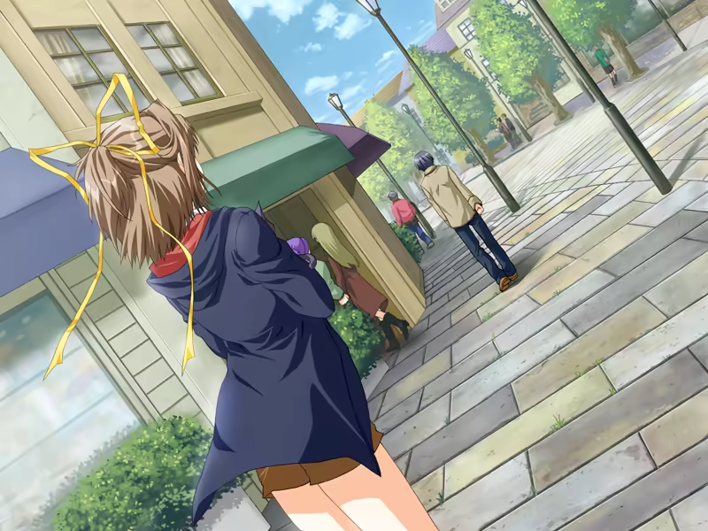 kanno touko, kanzaki chihiro, doko e iku no ano hi, game cg, non-web source, 1girl, brown hair, crowd, from behind, lamppost, long sleeves, ribbon, shop, short hair, sky, town, yellow ribbon