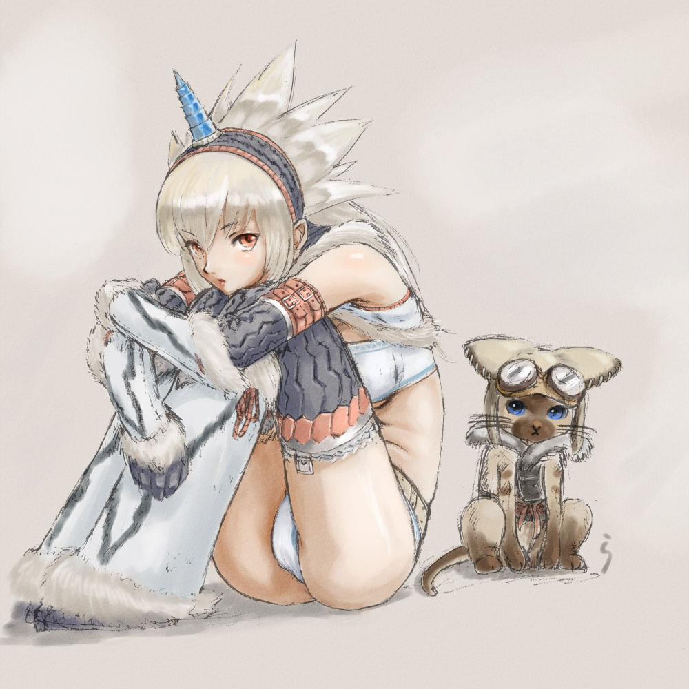 rasukaru, felyne, capcom, monster hunter (series), cat, detached sleeves, hairband, horns, kirin (armor), long hair, single horn, sitting, sulking, thighhighs, white hair