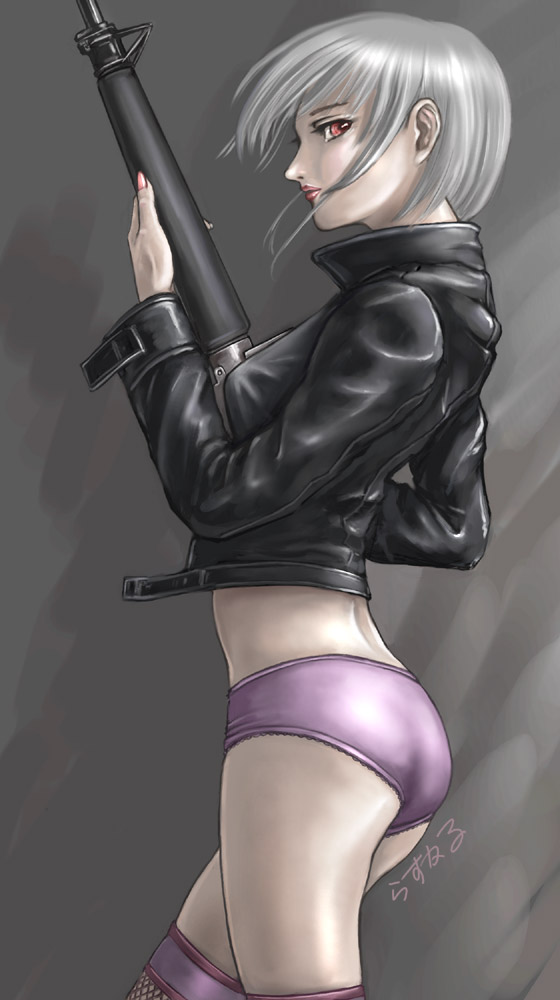 rasukaru, silver hair, 1girl, ass, female focus, gun, jacket, lace, lace-trimmed panties, lace trim, panties, purple panties, rifle, short hair, solo, thighhighs, underwear, weapon